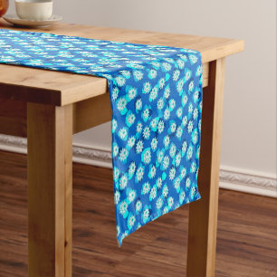 Chemin De Table Court Water Lily Motif, Turquoise, Bleu et Blanc