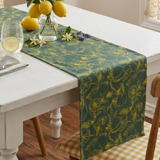 Chemin De Table Court Yellow Lemon Hand Drawn Design on Dark Green 