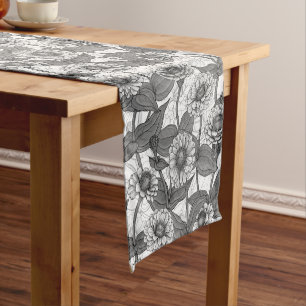 Chemin De Table Court Zinnias, monochrome sur blanc