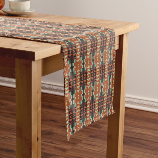 Chemin De Table Long Aqua Turquoise Vert Orange Taupe Beige Tribal Art (In Situ)