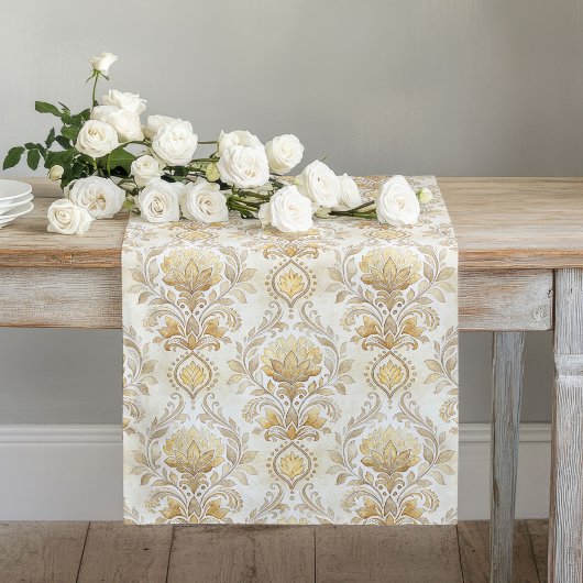 Chemin De Table Long Aquarelle Damas Print Table Runner Classic Ivory