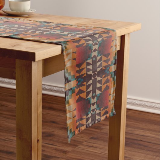 Chemin De Table Long Bleu turquoise Beige Rouge foncé Art Tribal Brown  (In Situ)