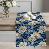 Chemin De Table Long Blue and White Floral Dining Table Runner