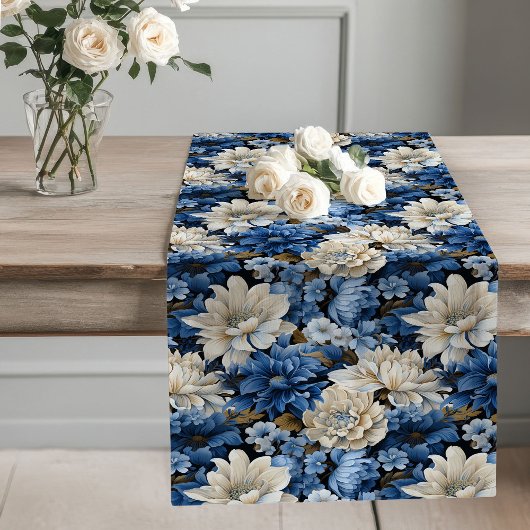 Chemin De Table Long Blue and White Floral Dining Table Runner