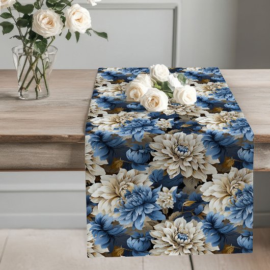 Chemin De Table Long Blue and White Flowers Chic Table Runner