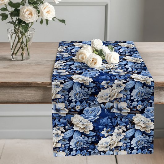 Chemin De Table Long Blue and White Flowers Elegant Table Runner