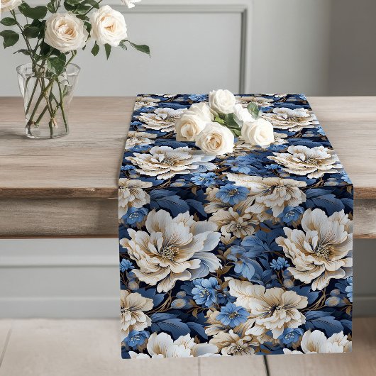 Chemin De Table Long Blue Flowers Ivory Elegant Dining Table Runner