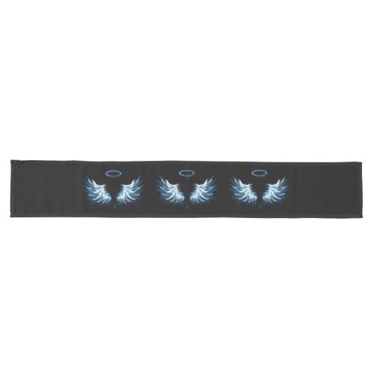 Chemin De Table Long Blue Glowing Angel Wings on black background (Horizontal)