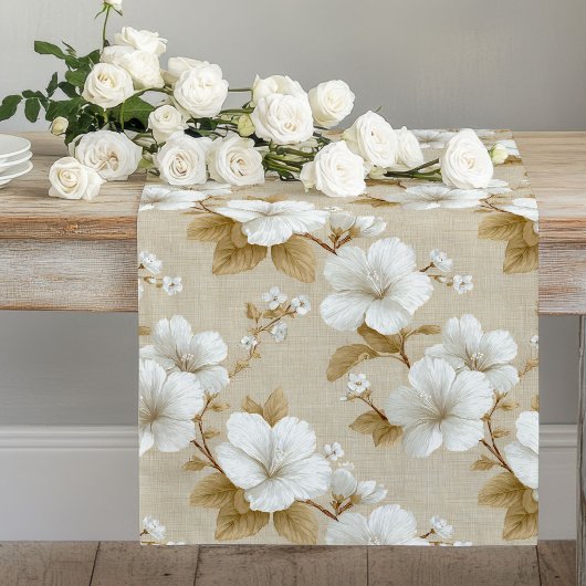 Chemin De Table Long Boho Neutral White Flowers Table Runner
