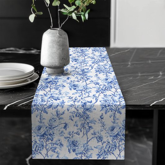 Chemin De Table Long Chic Blue French Toile Roses Floral Table Runner