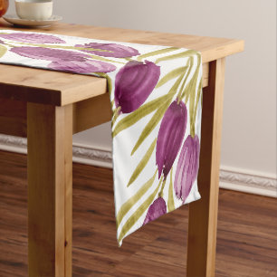 Chemin De Table Long Chic Tulipes pourpres Aquarelle Peinte à la main