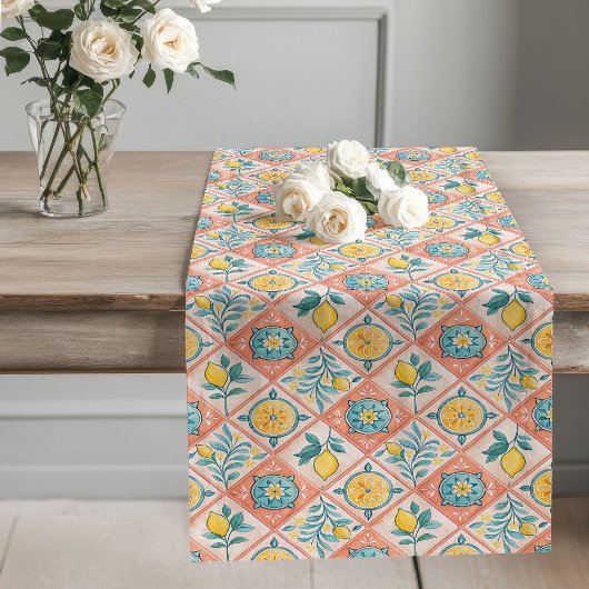 Chemin De Table Long Citron rustique Motif orné d'inspiration méditerra