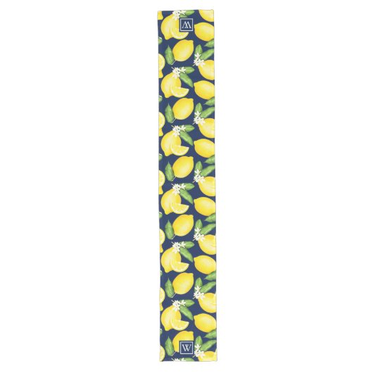Chemin De Table Long Citrus Botanique Lemon Navy Monogramme bleu (Devant)