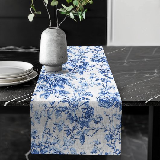 Chemin De Table Long Classic Blue French Toile Roses Floral Table Runne