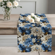 Coureur de table chic fleurs bleues et blanches