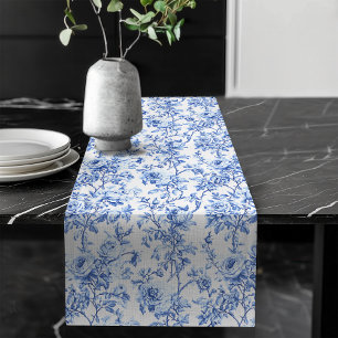Chemin De Table Long Coureur de table floral Toile de Jouy française bl