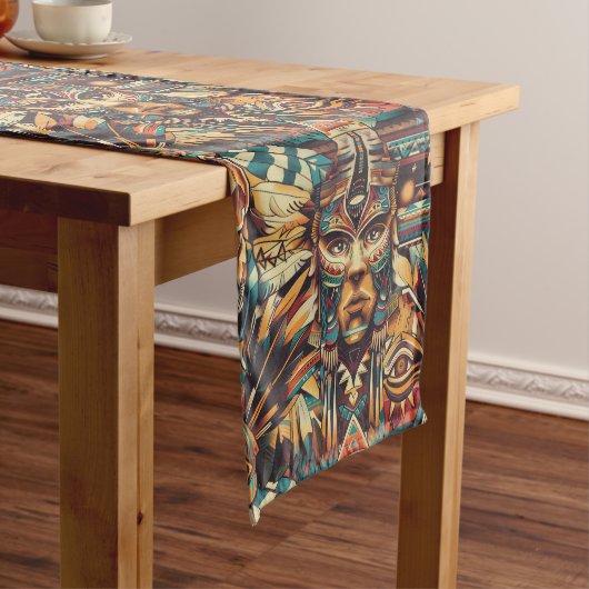 Chemin De Table Long Cyan Traditionnel "Motif Mésoaméricain" Table Élég (In Situ)