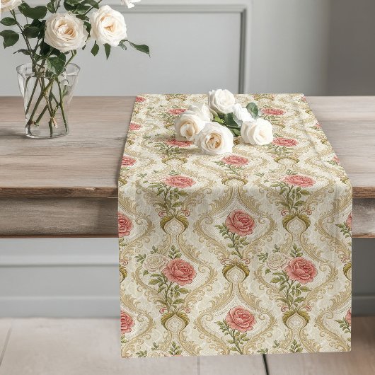 Chemin De Table Long Elégant Beige Damask Blush Rose Victorian Inspire