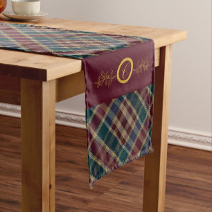Chemin De Table Long Élégant or Monogramme Plaid - Cranberry Blue Turqu