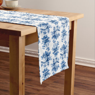 Chemin De Table Long Élégant Vintage Chine Bleu Roses