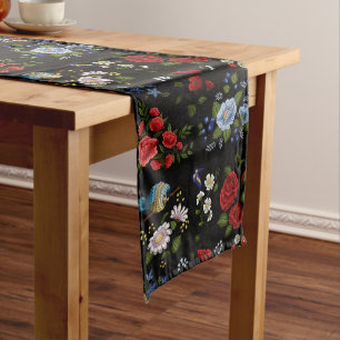Chemin De Table Long Faux Fleurs Brodées Rouge & Bleu