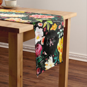 Chemin De Table Long Fleurs de jardin anglais coloré monogrammes motif