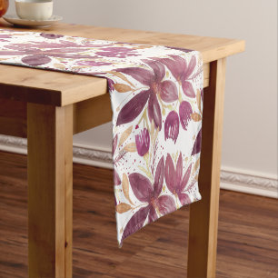 Chemin De Table Long Fleurs de passion, Aquarelle Bourgogne Bronze Or