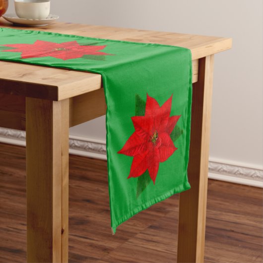 Chemin De Table Long Fleurs de poinsettia rouges de Noël sur fond vert (In Situ)