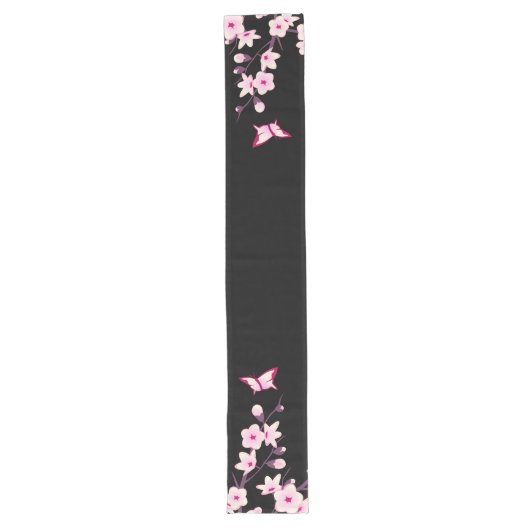 Chemin De Table Long Fleurs florales de cerisiers Papillons rose Noir (Devant)