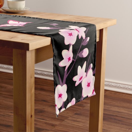 Chemin De Table Long Fleurs florales de cerisiers Papillons rose Noir (In Situ)