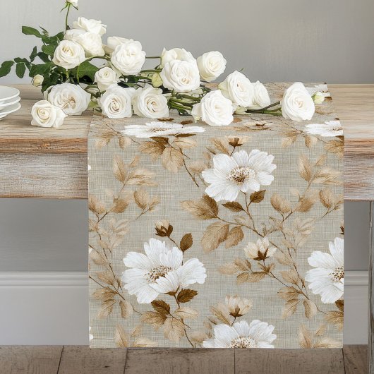 Chemin De Table Long Ivory Beige White Flowers Earthy Table Runner