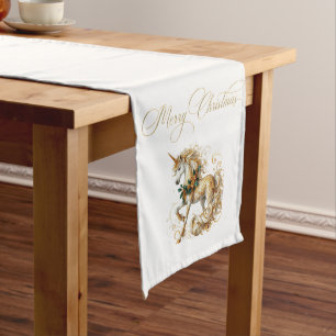 Chemin De Table Long Licorne de Noël élégante blanche et or
