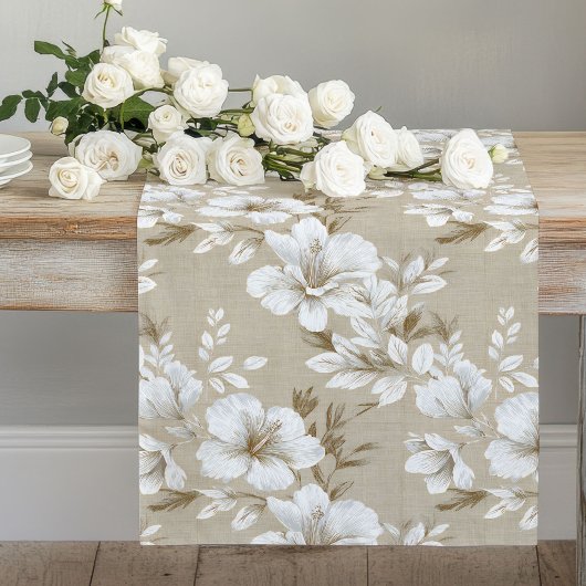Chemin De Table Long Minimalist White Flowers Taupe Table Runner