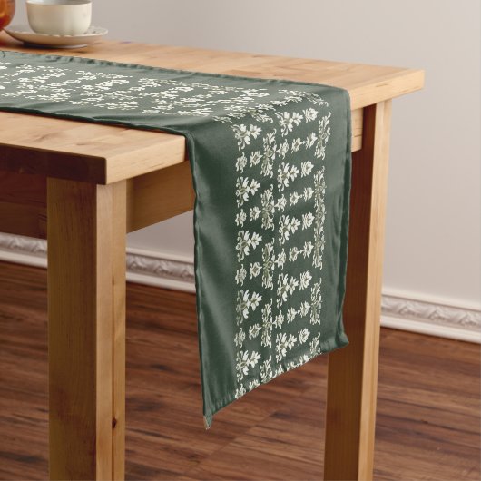 Chemin De Table Long Modern Green Runner with Intricate White Design (In Situ)