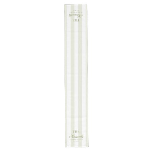 Chemin De Table Long Monogram Rétro Vert Blanc Rayures Script Mariage (Devant)