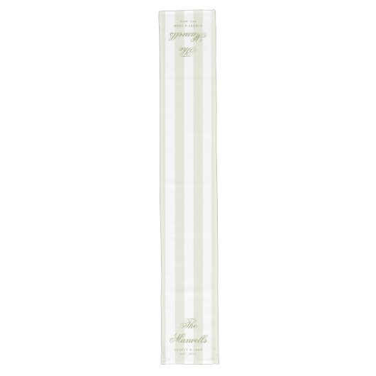 Chemin De Table Long Monogram Rétro Vert Blanc Rayures Script Mariage (Devant)