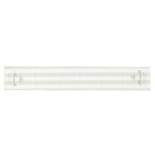 Chemin De Table Long Monogram Rétro Vert Blanc Rayures Script Mariage (Horizontal)
