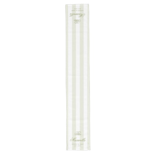 Chemin De Table Long Monogram Rétro Vert Blanc Rayures Script Mariage (Devant)