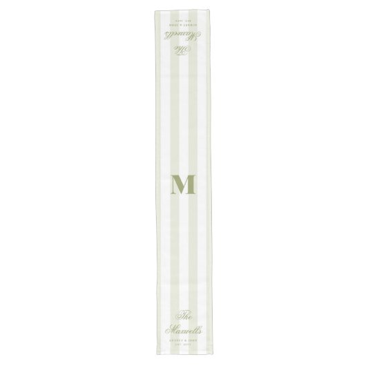 Chemin De Table Long Monogram Rétro Vert Blanc Rayures Script Mariage (Devant)
