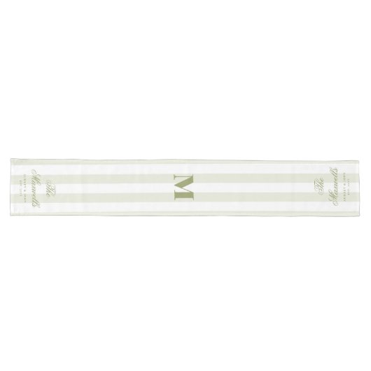 Chemin De Table Long Monogram Rétro Vert Blanc Rayures Script Mariage (Horizontal)