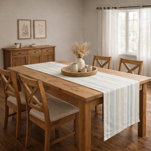 Chemin De Table Long Neutral Dusty Blue Striped | Rustic Farmhouse