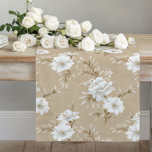Chemin De Table Long Neutral white floral taupe beige chic dining table