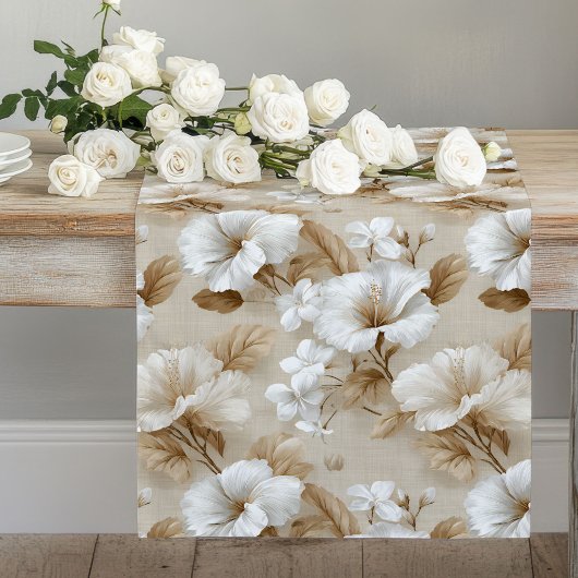 Chemin De Table Long Neutral White Flowers Ivory Beige Table Runner