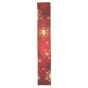 Chemin De Table Long Noël Golden Snowflakes sur Arrière - plan rouge