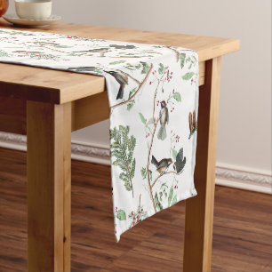 Chemin De Table Long Oiseaux de poulet Baies et Pinecones Aquarelle