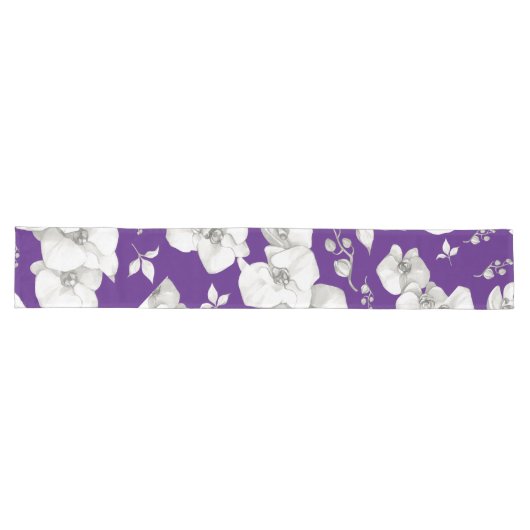 Chemin De Table Long Orchidée blanche aquarelle sur violet | (Horizontal)