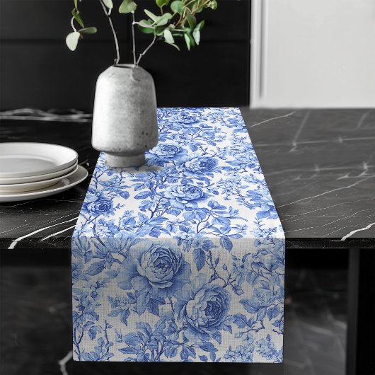 Chemin De Table Long Ornate Blue French Toile Roses Floral Table Runner