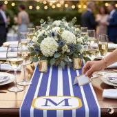Chemin De Table Long Préparé Bleu et Blanc Rayé Monogramme Or