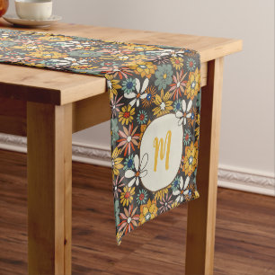 Chemin De Table Long Retro Floral Brown Gold Turquoise Personnalisé