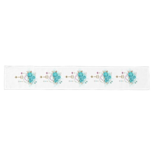 Chemin De Table Long Roses turquoise avec touches (Horizontal)